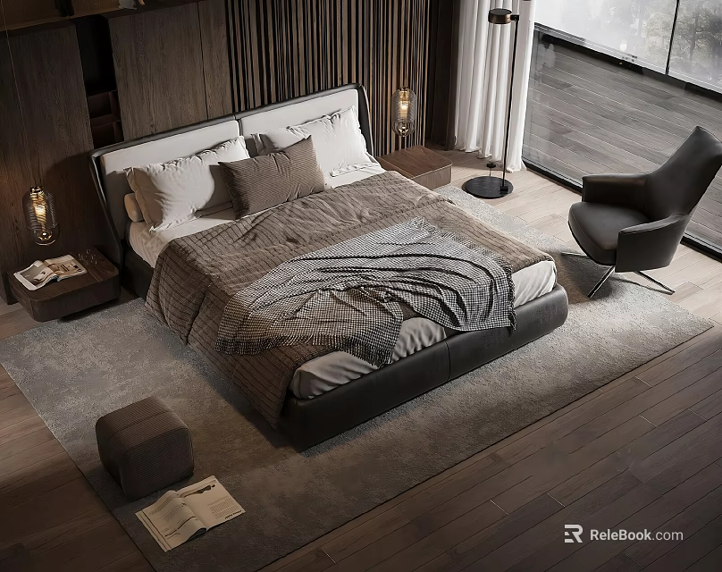 Modern Bedroom Interior With Wooden Bed Blanket Pillows Nightstand Chair And Rug 3d model 