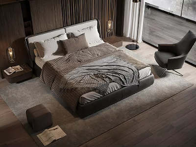 Modern Bedroom Interior With Wooden Bed Blanket Pillows Nightstand Chair And Rug 3d model