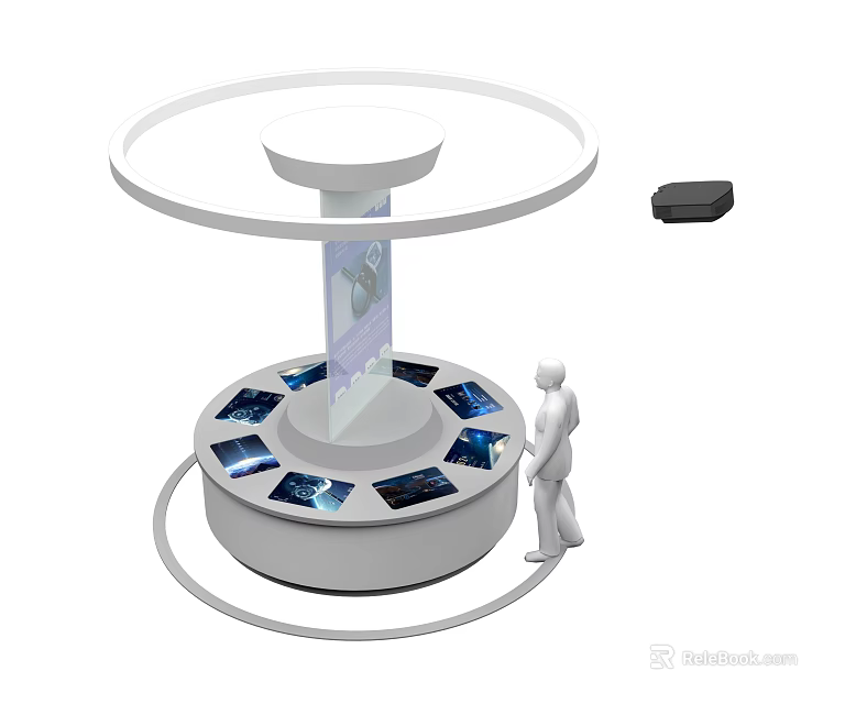 Modern Exhibition Stand With Circular Design Display Screens Transparent Column Human Figure And Control Device 3d model 