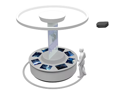 Modern Exhibition Stand With Circular Design Display Screens Transparent Column Human Figure And Control Device 3d model