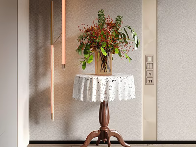 Homey Side Table With White Lace Tablecloth Wooden Legs And Vase Of Flowers Green Plants 3d model