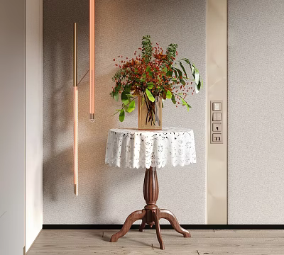 Homey Side Table With White Lace Tablecloth Wooden Legs And Vase Of Flowers Green Plants 3d model