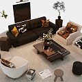 Stylish Sofa And Coffee Table Set With Multiple Armchairs Decorative Plants And Magazines 3d model