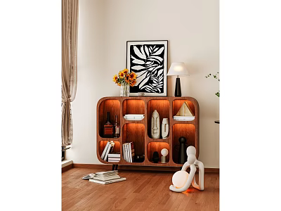 Modern Wooden Shelf Cabinet In Living Room With LED Lighting Decorative Vases Books And Sculptures 3d model