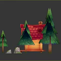 Wooden Cabin with Red Roof Chimney Surrounded by Green Pine Trees Pond and Pathway