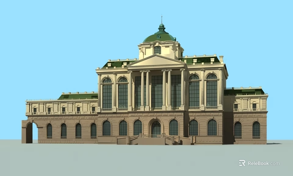 Classical Style Hotel Building With Green Dome Arched Windows And Grand Columns 3d model 
