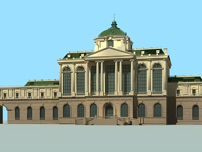 Classical Style Hotel Building With Green Dome Arched Windows And Grand Columns 3d model