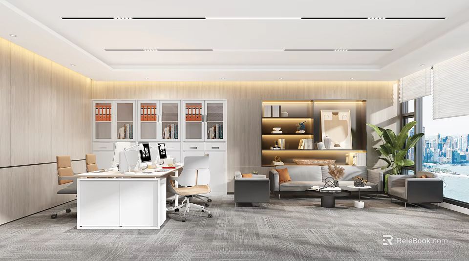 Modern Public Office Space Interior With Work Desks Computers Sofa And Green Plants 3d model