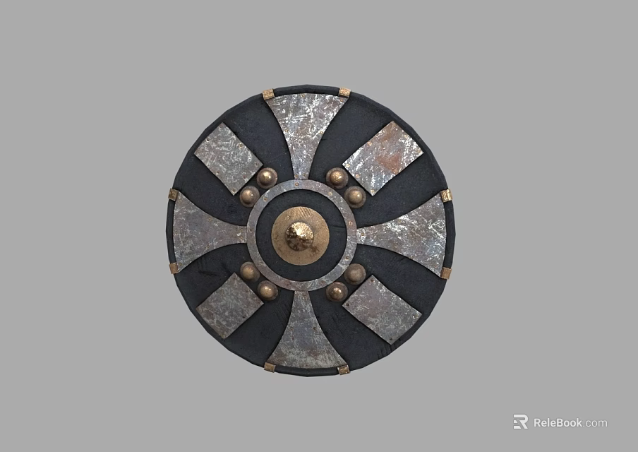 Vintage Circular Shield With Black And Silver Radiant Design And Golden Center Rivets 3d model 