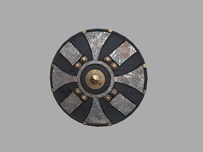 Vintage Circular Shield With Black And Silver Radiant Design And Golden Center Rivets 3d model