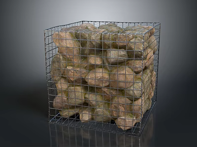 Wire mesh stone cage filled with natural rocks for garden decor and landscaping 3d model