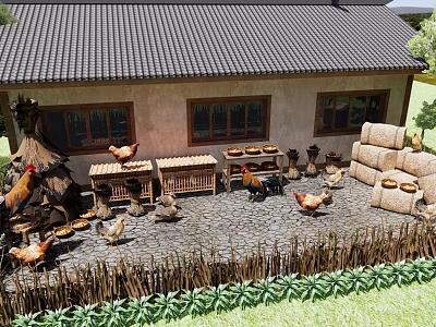 New Chinese Courtyard Beautiful Country Courtyard Rural Chicken House Chicken House Chicken Farm Rooster Hen Duck Egg Hay Stack 3d model