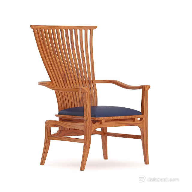 Wooden Single Chair With Slat Back Design And Blue Cushion For Living Room 3d model 