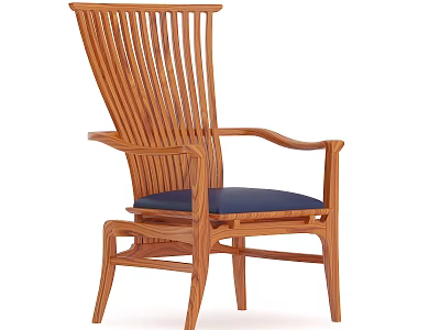 Wooden Single Chair With Slat Back Design And Blue Cushion For Living Room 3d model