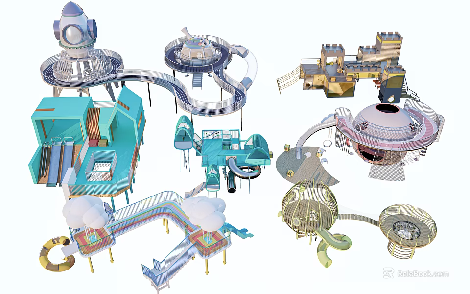 Colorful Creative Playground Equipment With Slides Castle Shaped Rotating Structures And Interactive Elements 3d model 