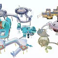 Colorful Creative Playground Equipment With Slides Castle Shaped Rotating Structures And Interactive Elements