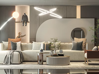 Modern Living Room Sofa with Plush Cushions Round Coffee Table Pendant Lights and Green Plants 3d model