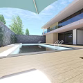 Modern Detached Villa Featuring Swimming Pool Lounge Chairs Umbrellas Glass Windows And Wooden Facade