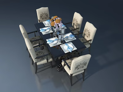 Modern Hinged Door Design For Dining Area With Dark Table And Patterned Chairs 3d model