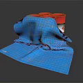 Blue Cloth Covering Red Buckets With White Labels On Dark Background