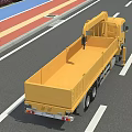 Yellow Crane Utility Truck Driving On Road With Green Trees And Guardrails