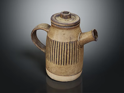 Rustic Handcrafted Ceramic Teapot With Vertical Stripes Handle Spout And Lid 3d model