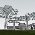 Modern Tree Shaped Architectural Structures With Geometric Glass Roof And Metal Frames