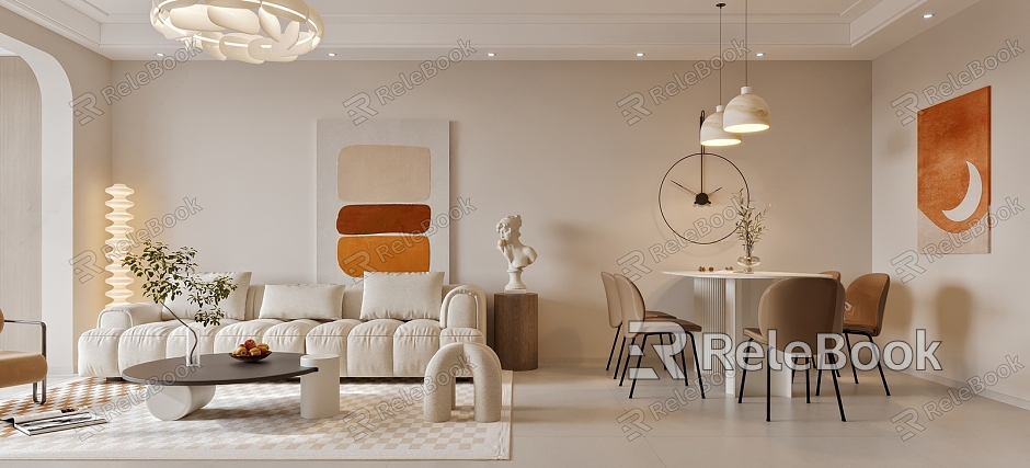 Cream Wind Guest Restaurant Sofa Coffee Table Combination Dining Table and Chair Hanging Painting Chandelier Carpet model