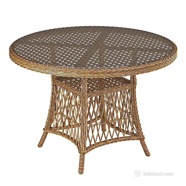 Round Wicker Dining Table With Intricate Weave Design And Sturdy Base 3d model 
