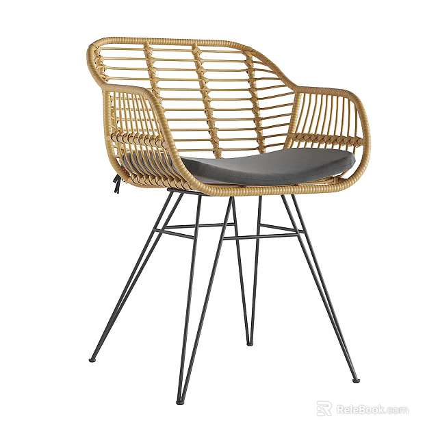 Modern Woven Rattan Leisure Chair With Gray Padded Seat And Black Metal Legs 3d model 