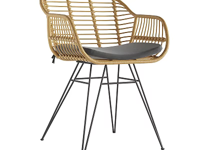Modern Woven Rattan Leisure Chair With Gray Padded Seat And Black Metal Legs 3d model