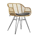 Modern Woven Rattan Leisure Chair With Gray Padded Seat And Black Metal Legs