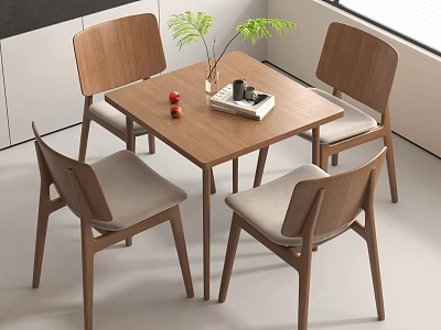 Modern Wooden Negotiation Table and Chairs with Upholstered Seats Green Plant and Magazine 3d model