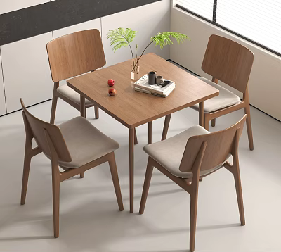 Modern Wooden Negotiation Table and Chairs with Upholstered Seats Green Plant and Magazine 3d model