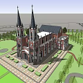 Historic Church Architecture With Red Brick Twin Towers Arched Entrance And Round Windows
