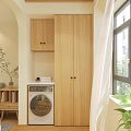 Home Balcony With Wooden Storage Cabinets Washing Machine Green Plants And Natural Light