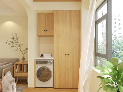 Home Balcony With Wooden Storage Cabinets Washing Machine Green Plants And Natural Light 3d model