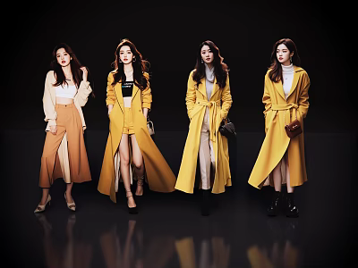 Women in Stylish Yellow Beige Brown Coats Standing Against Black Background With Reflections 3d model