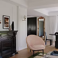 Modern Living and Dining Room Interior With Green Rug Pink Chairs And Marble Coffee Table