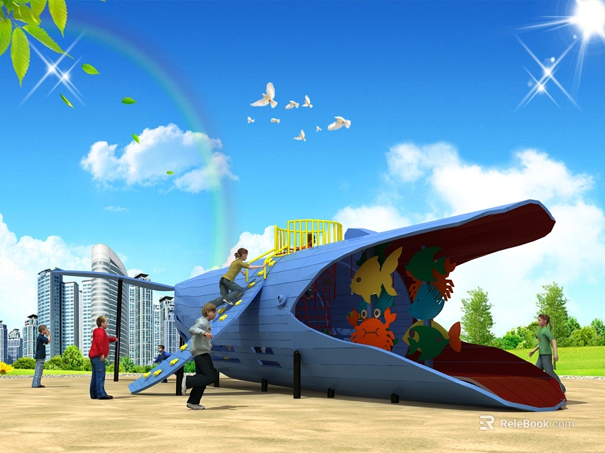 Whale Shaped Outdoor Playground Equipment With Kids Playing 3d model 