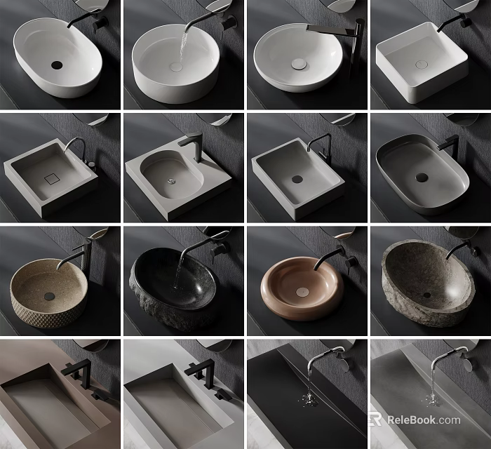 Bathroom Sink Combinations with Various Designs Shapes and Modern Faucets 3d model 