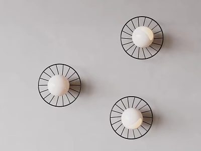 Three Modern Wall Lamps with Black Metal Frame White Spherical Shade Mounted on Gray Wall 3d model