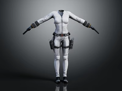White Tactical Jumpsuit With Black Straps Waist Packs And Functional Design 3d model