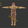 Man Wearing Tattered Outfit with Arms Outstretched and Sword on Hip 3D Character