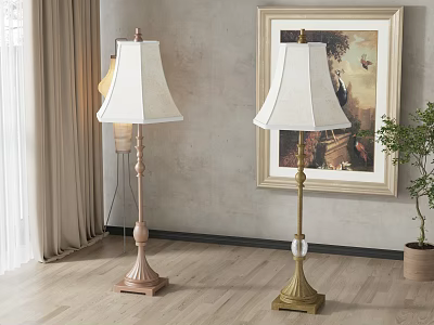 Two Floor Lamps With White Shades In Room With Curtains Painting Plant And Wooden Floor 3d model