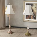 Two Floor Lamps With White Shades In Room With Curtains Painting Plant And Wooden Floor