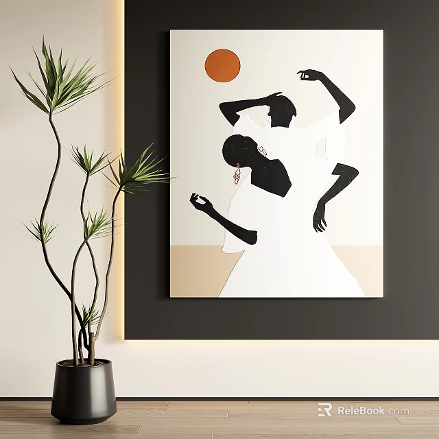 Modern Abstract Painting Featuring Two Dancing Black Silhouettes Orange Circle White Beige Background 3d model 