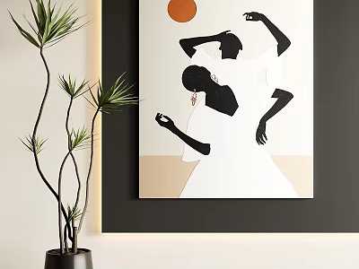 Modern Abstract Painting Featuring Two Dancing Black Silhouettes Orange Circle White Beige Background 3d model