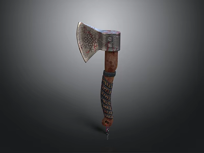 Ornate Decorative Axe Featuring Carved Metal Head And Detailed Wooden Handle 3d model