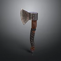 Ornate Decorative Axe Featuring Carved Metal Head And Detailed Wooden Handle